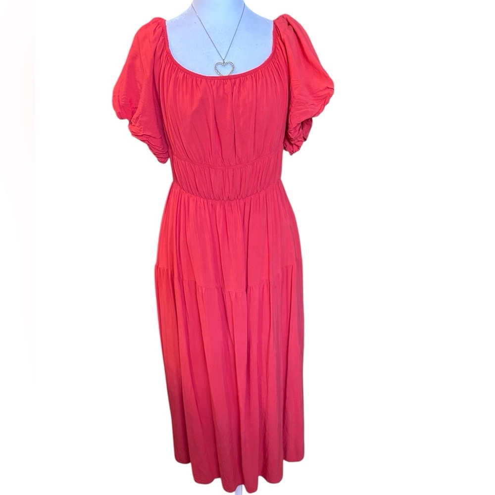 ZESICA Women’s Vibrant Coral Red Puff Sleeve Tiered Midi Rayon Large Dress